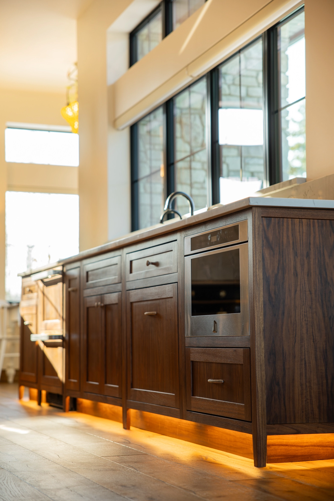 Soldotna Gourmet Kitchen — Custom Walnut Base Cabinetry & Integrated Warming Drawer