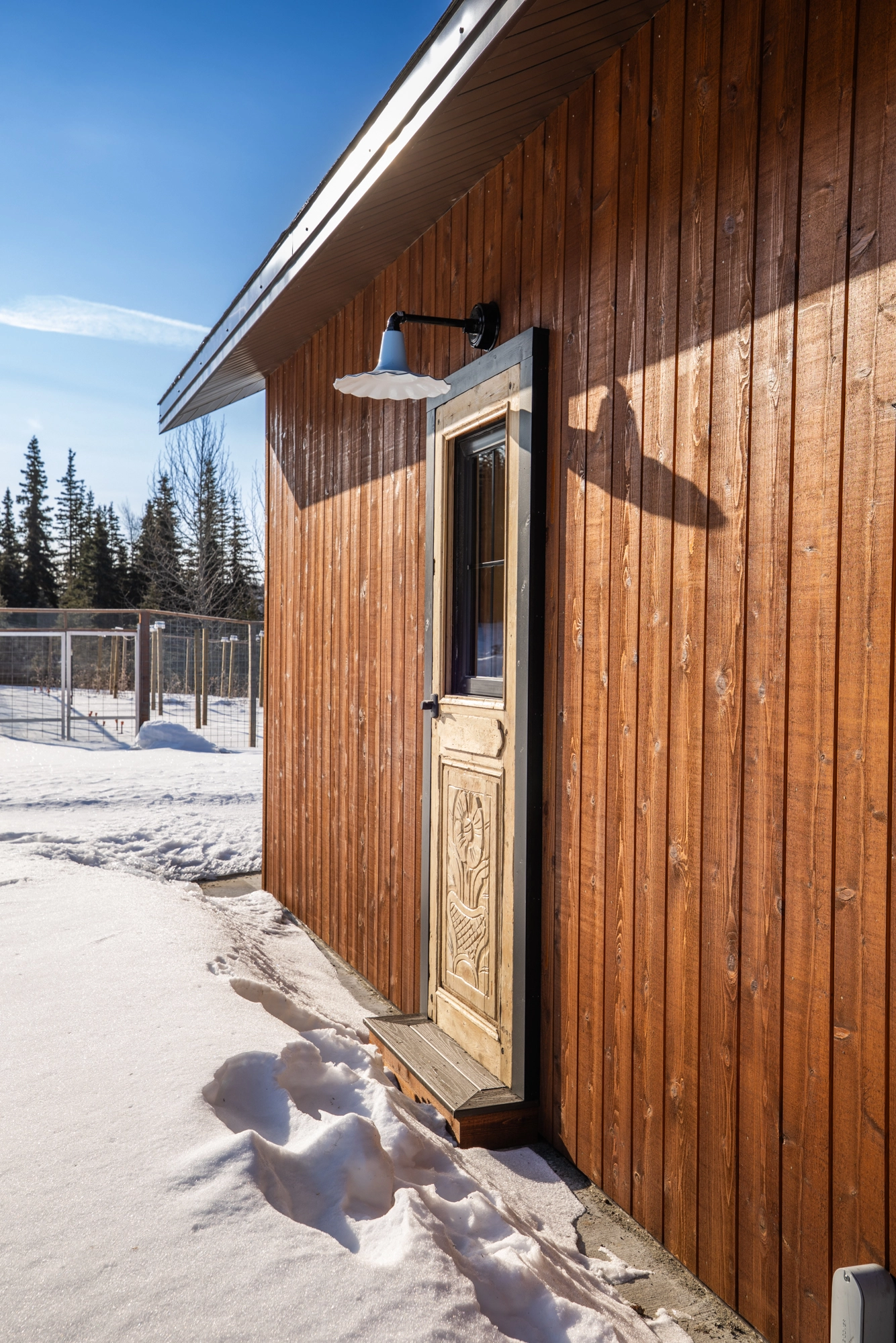 Kenai Estate Garden Pavilion & Harvest Processing Kitchen — Winter cabin doors